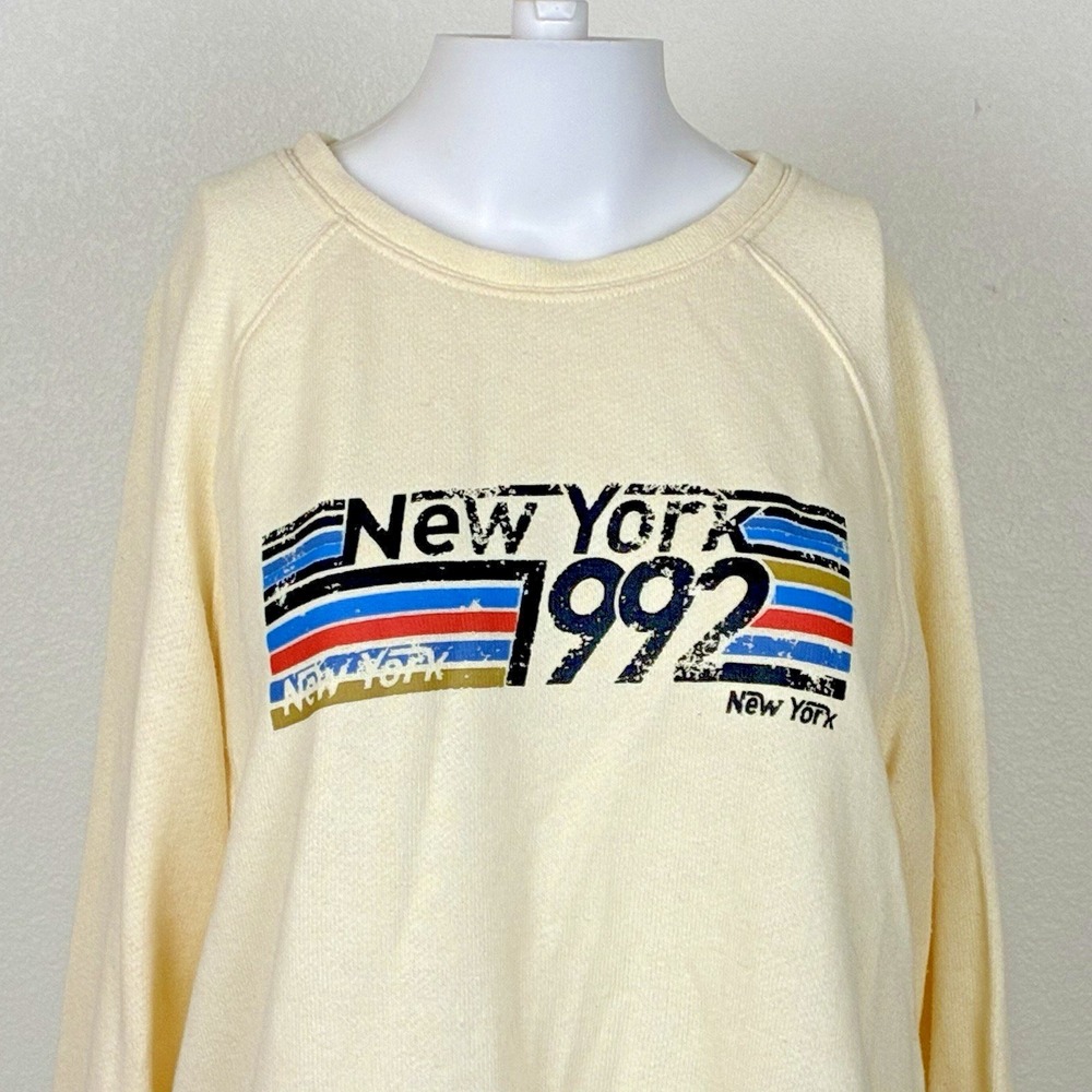 Mo:Vint Anthropologie Long Sleeve Top L Ivory New York 1992 Graphic Retro Grunge